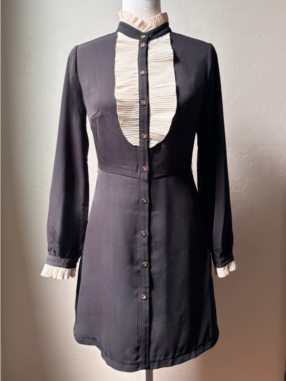 Karen Millen Black Frill Bib Dress Gold Button Victorian NWT US 6